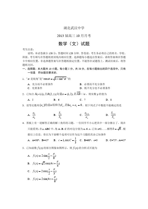 高三数学试题湖北省武汉中学2013届高三10月月考文试题