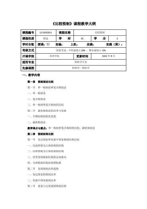 《比较税制》课程教学大纲