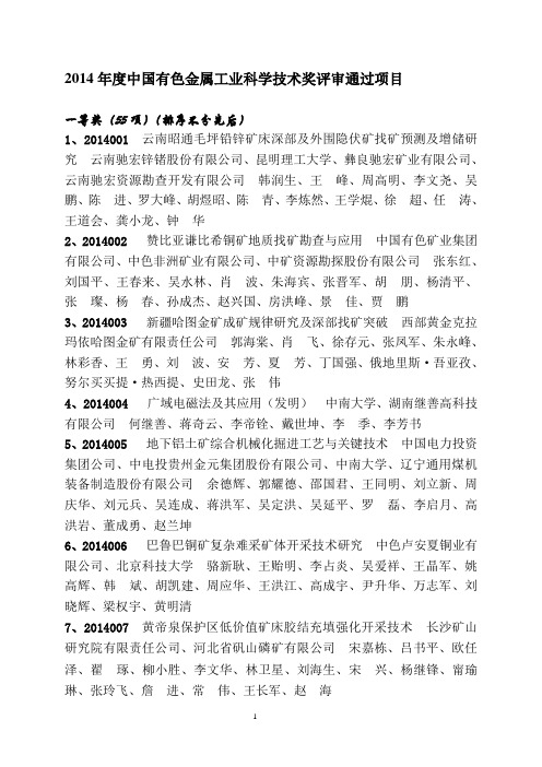 2014年度中国有色金属工业科学技术奖评审通过项目