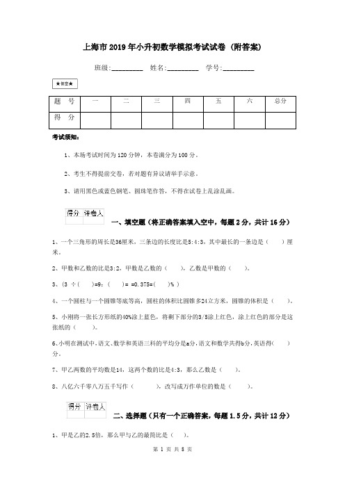 上海市2019年小升初数学模拟考试试卷 (附答案)