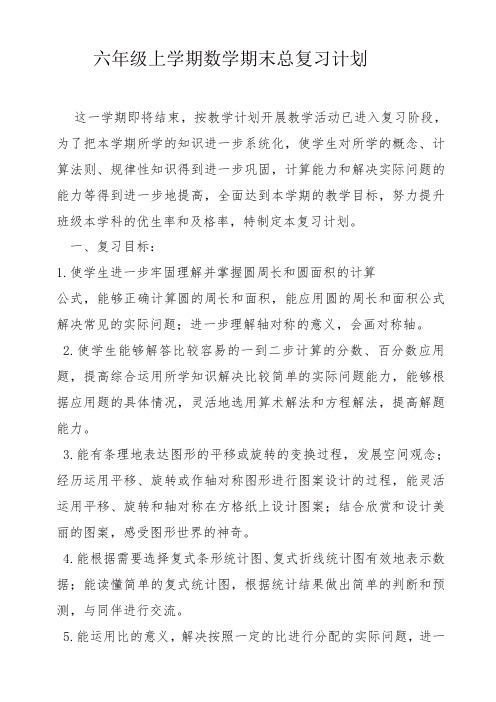 2019-2020年六年级上学期数学期末总复习计划