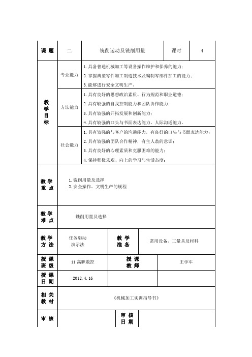 机械加工实训教案铣削运动及铣削用量