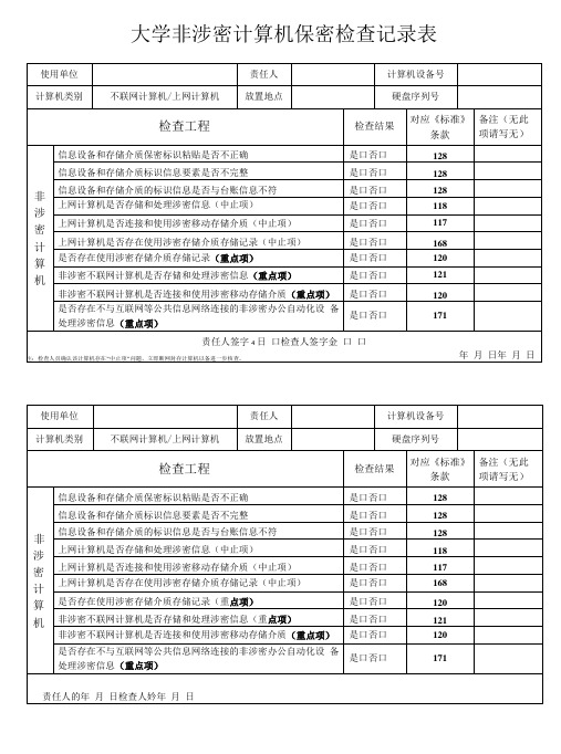 大学非涉密计算机保密检查记录表