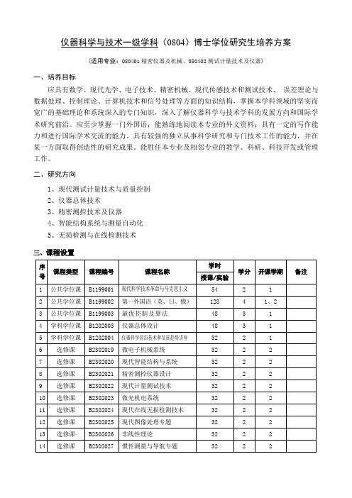 仪器科学与术一级学科(0804)博士学位研究生培养方案