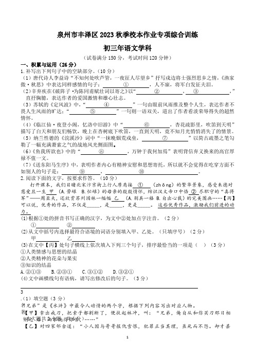 福建省泉州市丰泽区校联考2023-2024学年九年级上学期12月月考语文试题(含答案)