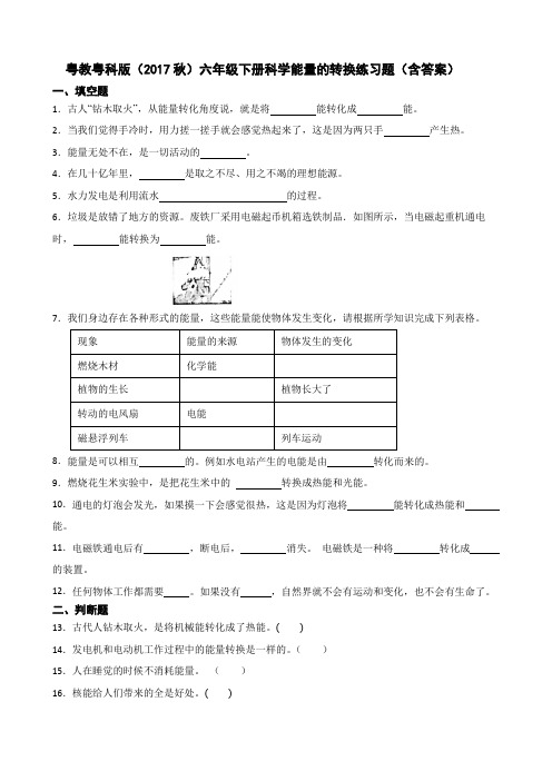 粤教粤科版(2017秋)六年级下册科学能量的转换练习题(含答案)