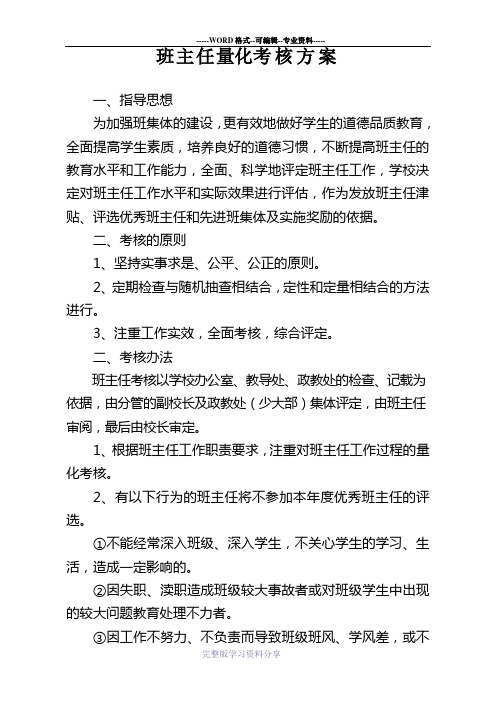 小学班主任工作量化考核表