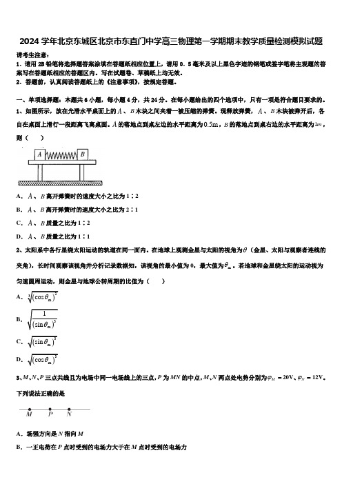 2024学年北京东城区北京市东直门中学高三物理第一学期期末教学质量检测模拟试题含解析