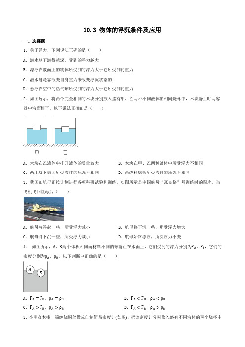 10.3 物体的浮沉条件及应用 同步练习 2023-2024学年人教版物理八年级下册(含答案)