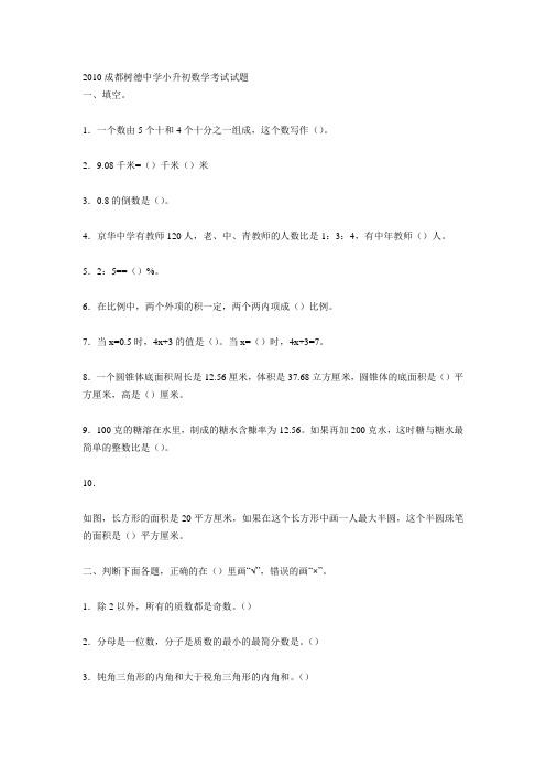 2010成都树德中学小升初数学考试试题