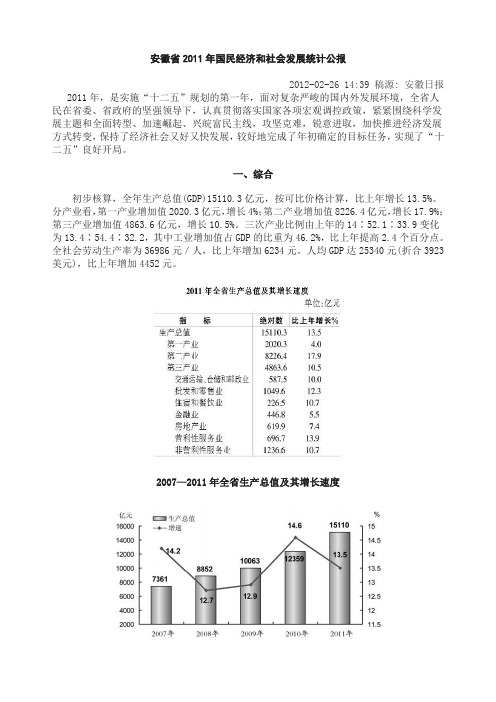 安徽省2011年国民经济和社会发展统计公报