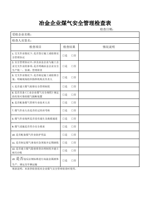 冶金企业煤气安全管理检查表