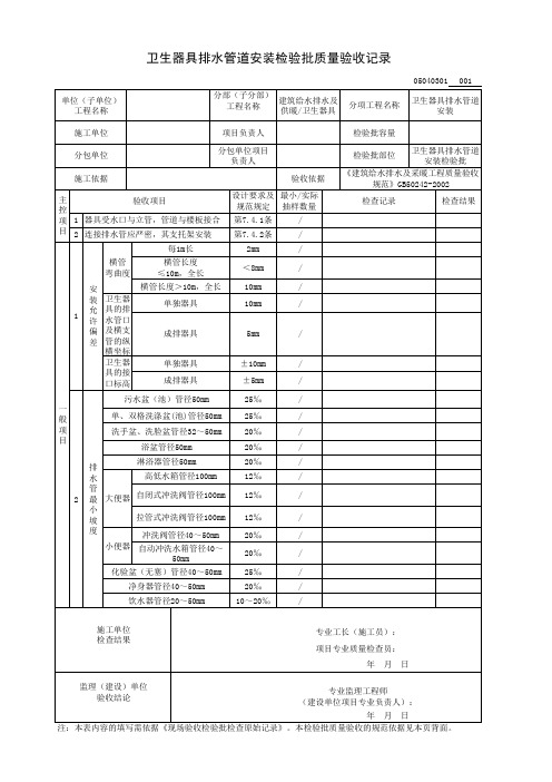 卫生器具排水管道安装检验批质量验收记录