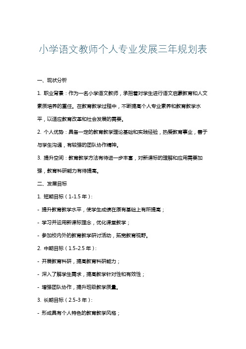 小学语文教师个人专业发展三年规划表