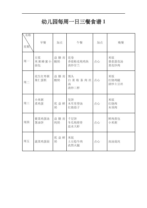 幼儿园每周一日三餐食谱4份