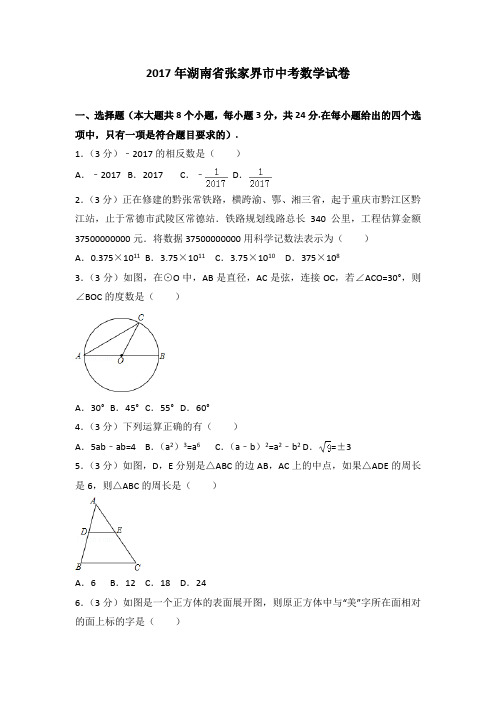 2017年湖南省张家界市中考数学试卷 (2)