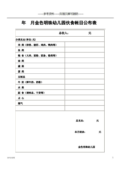 20xx年6月幼儿园伙食帐目公布表(参考仅供)