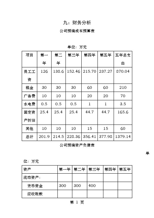 公司创业成本预算表模板