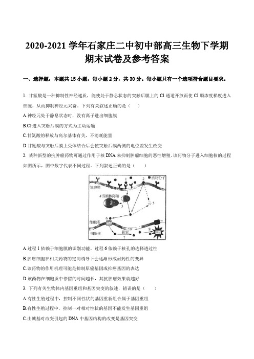 2020-2021学年石家庄二中初中部高三生物下学期期末试卷及参考答案