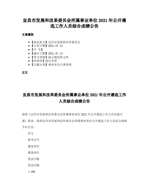 宜昌市发展和改革委员会所属事业单位2021年公开遴选工作人员综合成绩公告