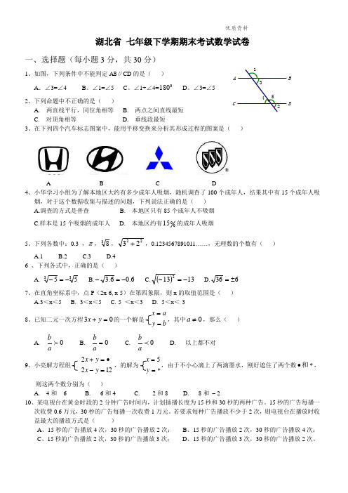 湖北省2021年七年级下学期期末考试数学试卷3