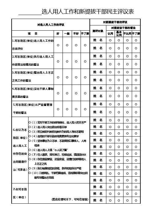 选人用人工作和新提拔干部民主评议表