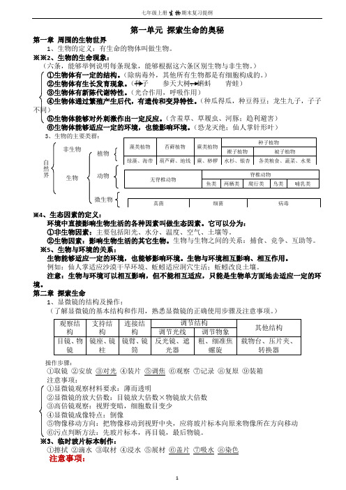 人教版生物七年级上册复习提纲