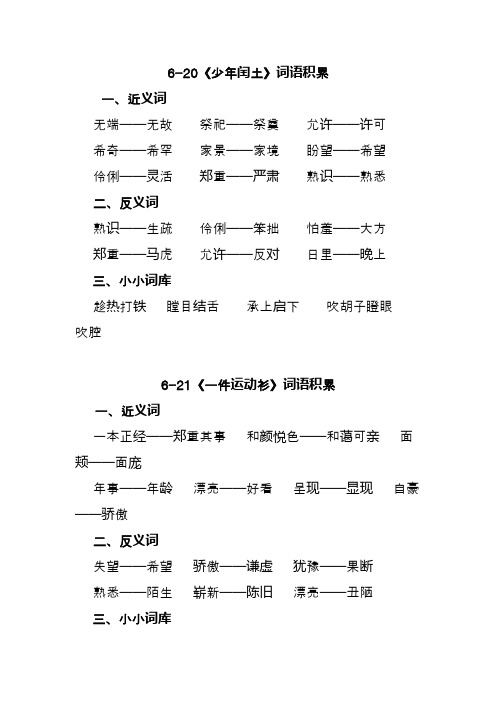 2020部编版小学语文第九册6、7单元词语复习