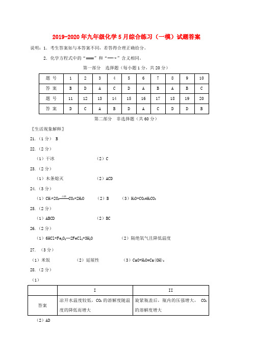 2019-2020年九年级化学5月综合练习(一模)试题答案