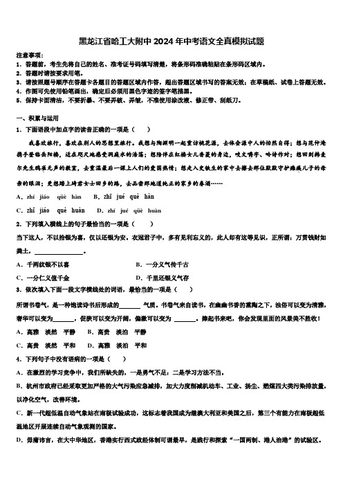 黑龙江省哈工大附中2024年中考语文全真模拟试题含解析