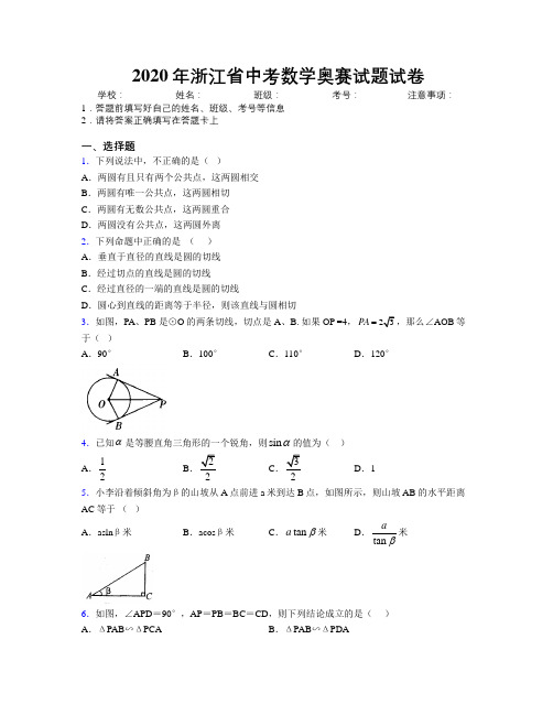 2020年浙江省中考数学奥赛试题试卷附解析