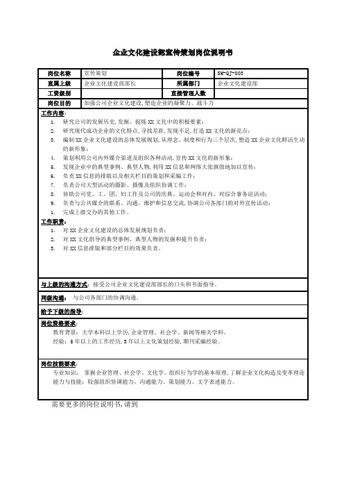 房地产行业文化建设部宣传策划岗位说明书