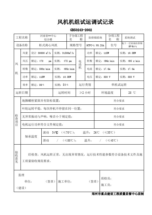 风机机组试运调试记录