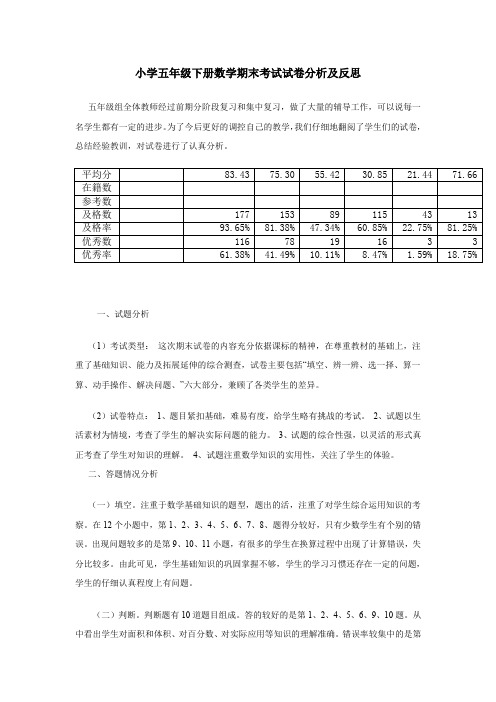 小学五年级下册数学期末考试卷面质量分析