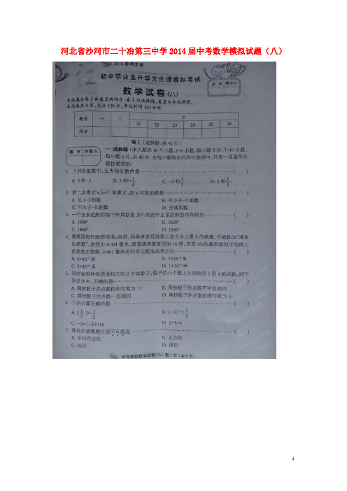 河北省沙河市二十冶第三中学中考数学模拟试题(八)(扫描版)