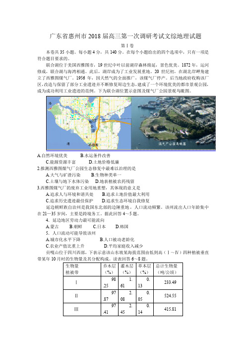 广东省惠州市2018届高三第一次调研考试文综地理试题