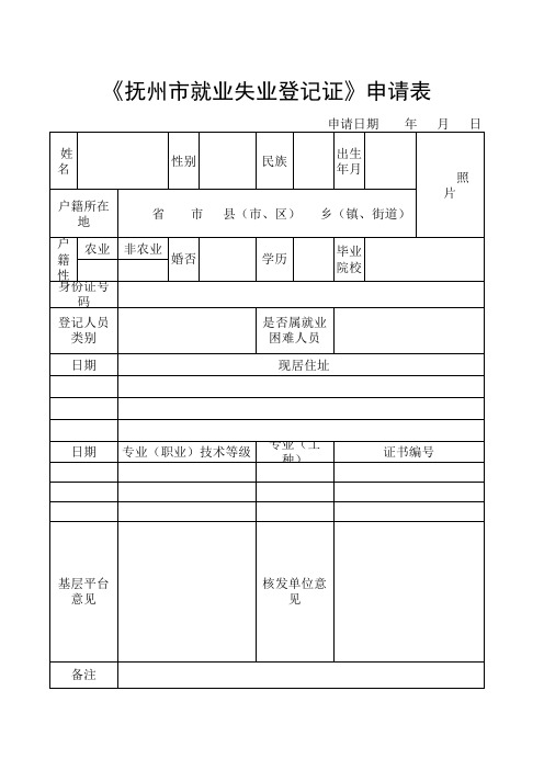 《抚州市就业失业登记证》申请表