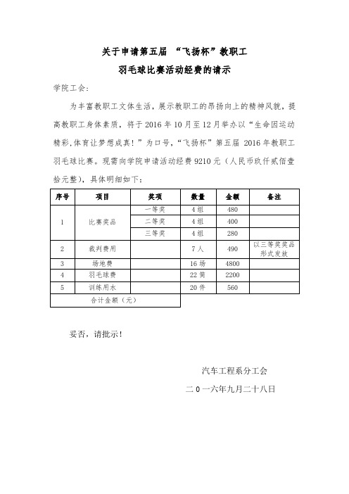 关于申请羽毛球比赛的请示