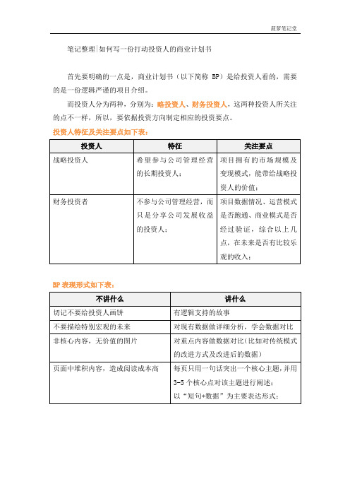 笔记整理如何写一份打动投资人的商业计划书