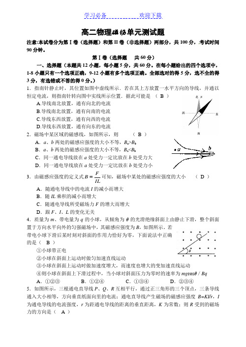 高二物理磁场单元测试题(含答案解析)