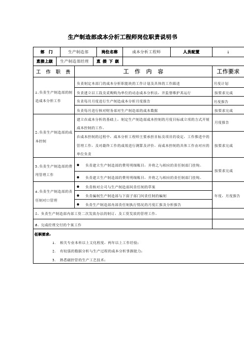 成本分析工程师岗位职责说明书制度范本格式