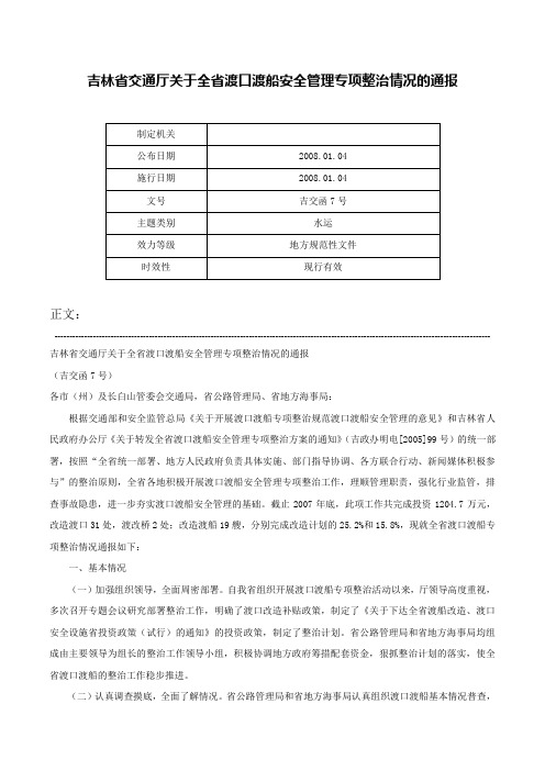 吉林省交通厅关于全省渡口渡船安全管理专项整治情况的通报-吉交函7号