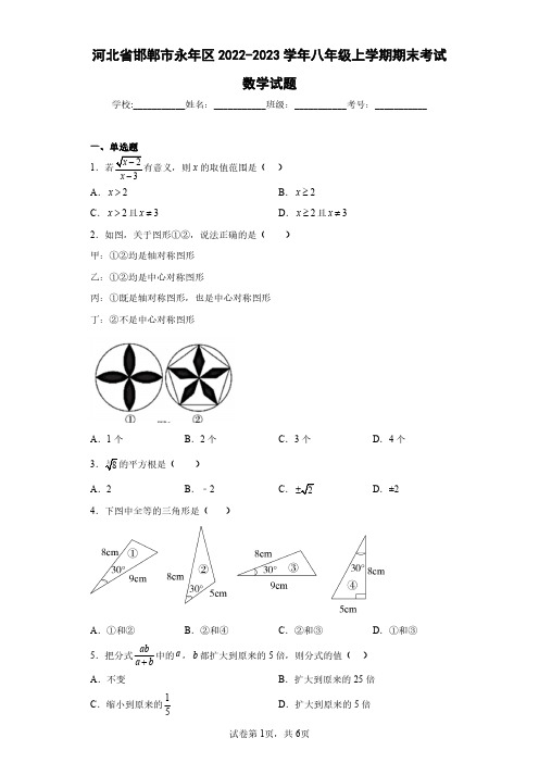 河北省邯郸市永年区2022-2023学年八年级上学期期末考试数学试题(含答案解析)