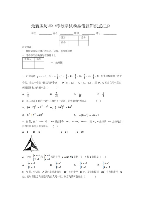 2019最新版历年中考数学试卷易错题知识点汇总902729