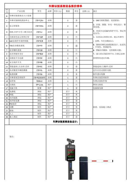 车牌识别系统设备报价清单