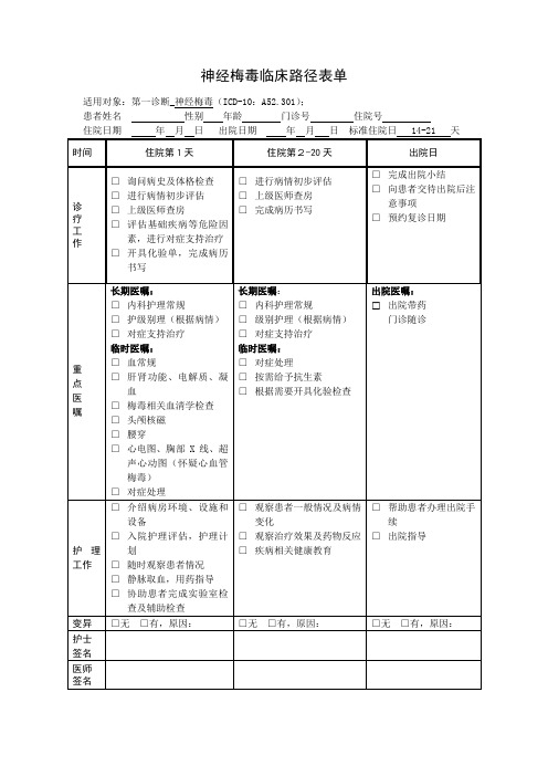 神经梅毒临床路径表单