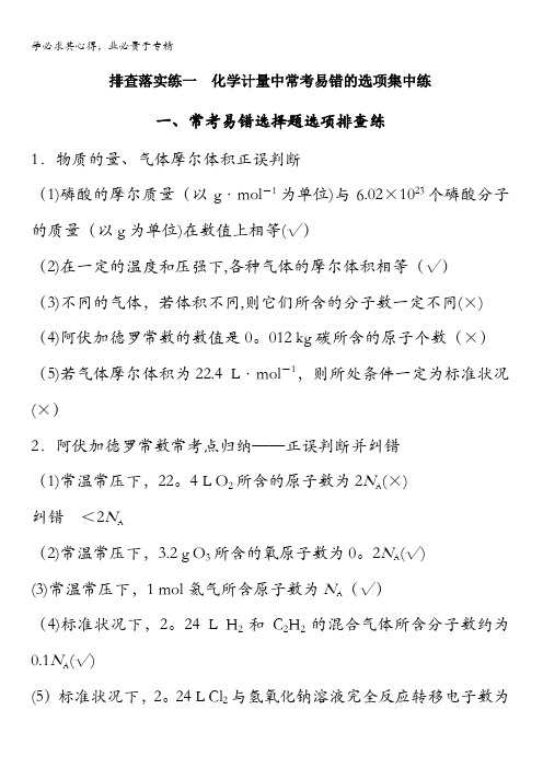 2017版高考化学一轮复习训练:排查落实练一 化学计量中常考易错的选项集中练 含解析