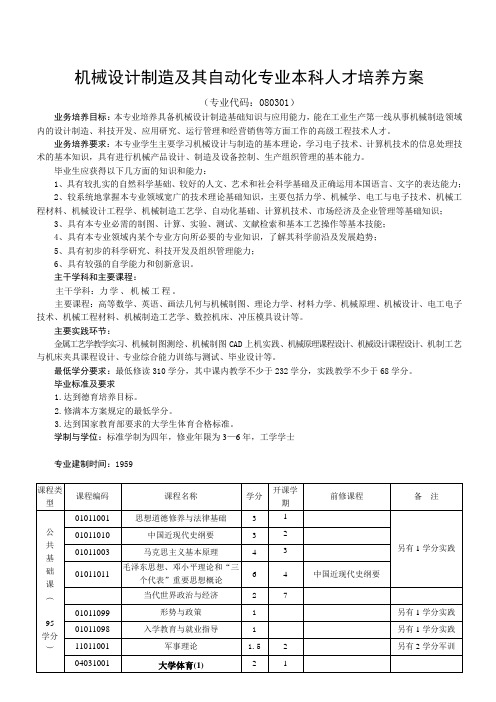 安徽农业大学学分制本科人才培养方案 机械设计制造及其自动化专业