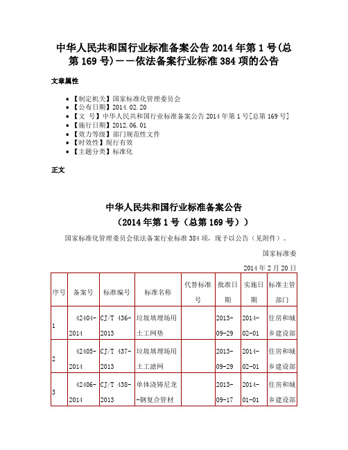 中华人民共和国行业标准备案公告2014年第1号(总第169号)－－依法备案行业标准384项的公告