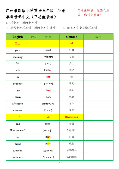 广州三年级上下英语单词表含音标最新